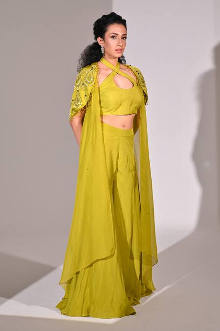 Shop_BAANI KHURANA_Green Organza, Satin Beads, Geometric Embellished Layered Cape Sharara Set _Online_at_Aza_Fashions