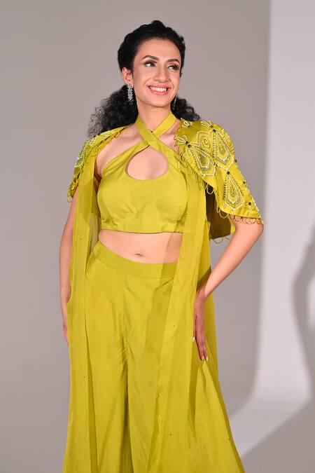 BAANI KHURANA_Green Organza, Satin Beads, Geometric Embellished Layered Cape Sharara Set _at_Aza_Fashions