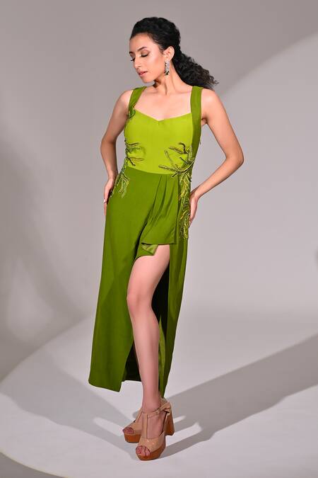 BAANI KHURANA_Green Crepe Beads, Sequins Sweetheart Neck Vine Embellished High-low Tunic _Online_at_Aza_Fashions