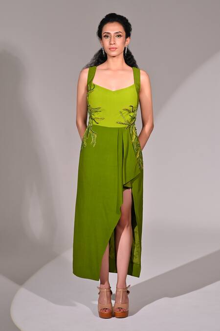 Shop_BAANI KHURANA_Green Crepe Beads, Sequins Sweetheart Neck Vine Embellished High-low Tunic _Online_at_Aza_Fashions