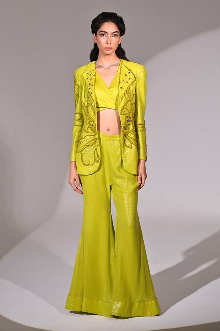 BAANI KHURANA_Green Georgette Sequins, Beads Floral Embellished Jacket Bell Bottom Pant Set _Online_at_Aza_Fashions