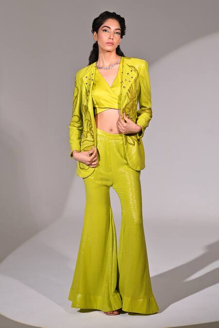 Buy_BAANI KHURANA_Green Georgette Sequins, Beads Floral Embellished Jacket Bell Bottom Pant Set _Online_at_Aza_Fashions