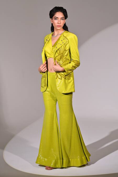 Shop_BAANI KHURANA_Green Georgette Sequins, Beads Floral Embellished Jacket Bell Bottom Pant Set _Online_at_Aza_Fashions