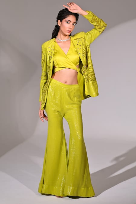 BAANI KHURANA_Green Georgette Sequins, Beads Floral Embellished Jacket Bell Bottom Pant Set _at_Aza_Fashions