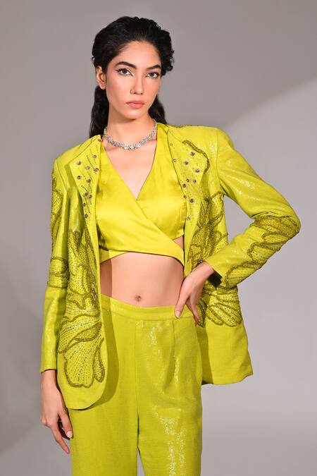 Buy_BAANI KHURANA_Green Georgette Sequins, Beads Floral Embellished Jacket Bell Bottom Pant Set 