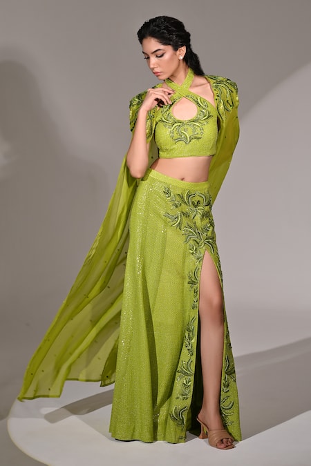 BAANI KHURANA_Green Georgette Beads, Sequins Halter Neck Embellished Cape Slit Skirt Set _Online_at_Aza_Fashions