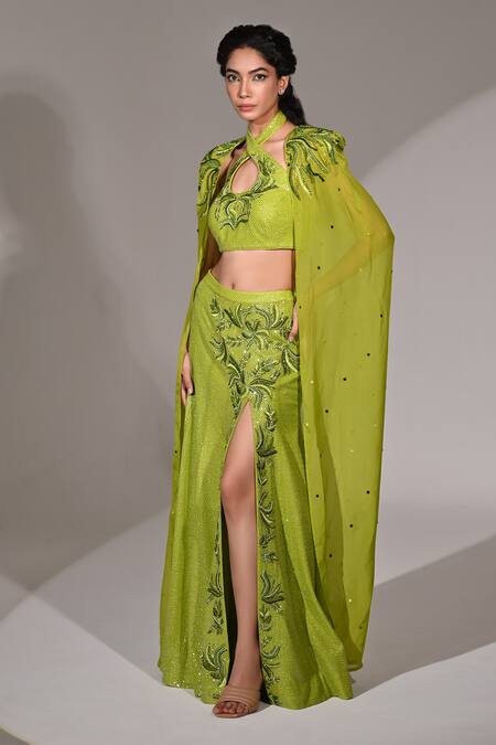 Buy_BAANI KHURANA_Green Georgette Beads, Sequins Halter Neck Embellished Cape Slit Skirt Set _Online_at_Aza_Fashions