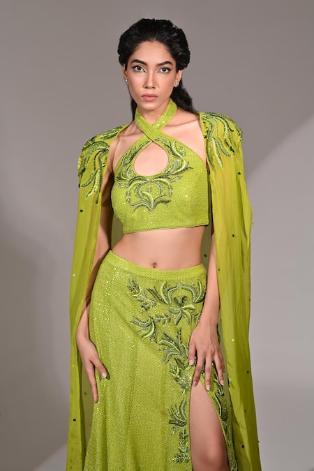 Shop_BAANI KHURANA_Green Georgette Beads, Sequins Halter Neck Embellished Cape Slit Skirt Set _Online_at_Aza_Fashions