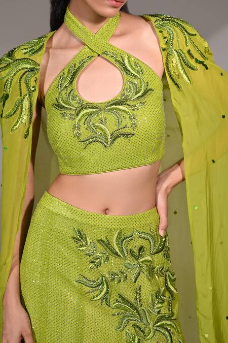 BAANI KHURANA_Green Georgette Beads, Sequins Halter Neck Embellished Cape Slit Skirt Set _at_Aza_Fashions