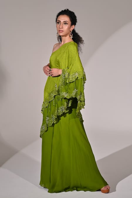 BAANI KHURANA_Green Chiffon Beads, Sequins Floral Embellished Layered Cape Tunic With Sharara _Online_at_Aza_Fashions