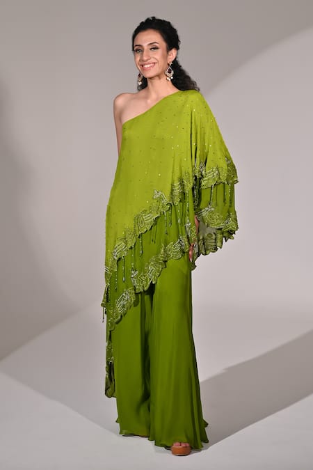 Buy_BAANI KHURANA_Green Chiffon Beads, Sequins Floral Embellished Layered Cape Tunic With Sharara _Online_at_Aza_Fashions