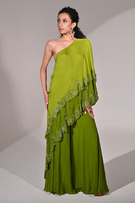 Shop_BAANI KHURANA_Green Chiffon Beads, Sequins Floral Embellished Layered Cape Tunic With Sharara _Online_at_Aza_Fashions