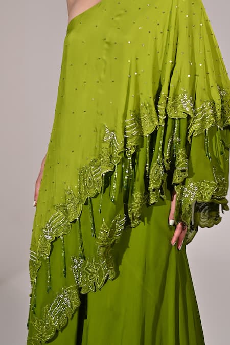 BAANI KHURANA_Green Chiffon Beads, Sequins Floral Embellished Layered Cape Tunic With Sharara _at_Aza_Fashions