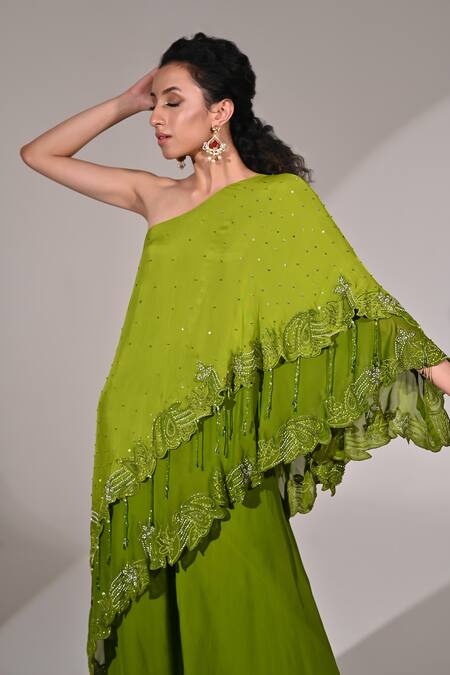 Buy_BAANI KHURANA_Green Chiffon Beads, Sequins Floral Embellished Layered Cape Tunic With Sharara 