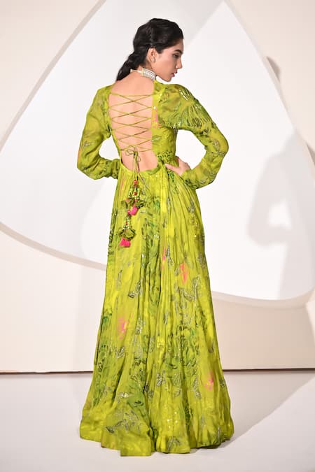 Shop_BAANI KHURANA_Green Chiffon Sequins, Beads V-neck Floral Print Anarkali With Dupatta _at_Aza_Fashions