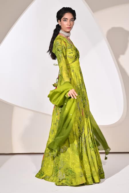 BAANI KHURANA_Green Chiffon Sequins, Beads V-neck Floral Print Anarkali With Dupatta _Online_at_Aza_Fashions