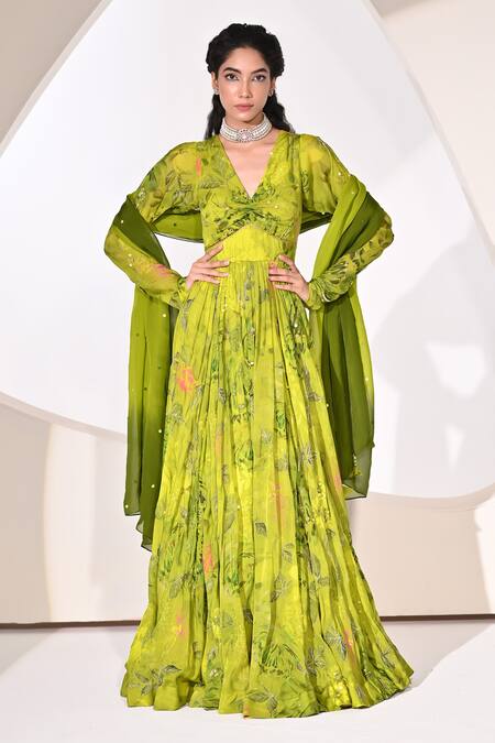 Buy_BAANI KHURANA_Green Chiffon Sequins, Beads V-neck Floral Print Anarkali With Dupatta _Online_at_Aza_Fashions