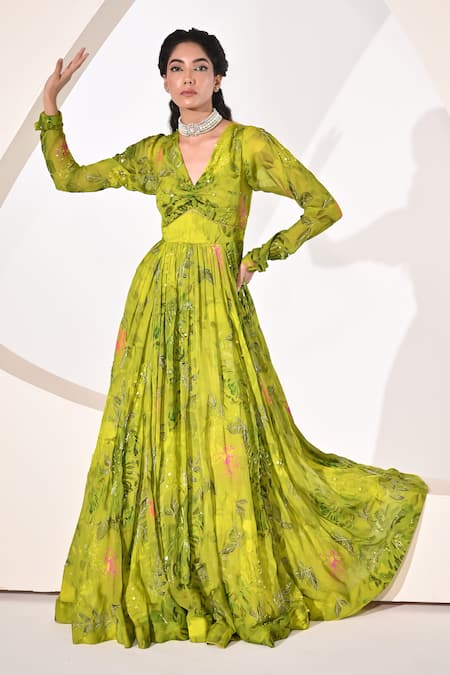 BAANI KHURANA_Green Chiffon Sequins, Beads V-neck Floral Print Anarkali With Dupatta _at_Aza_Fashions