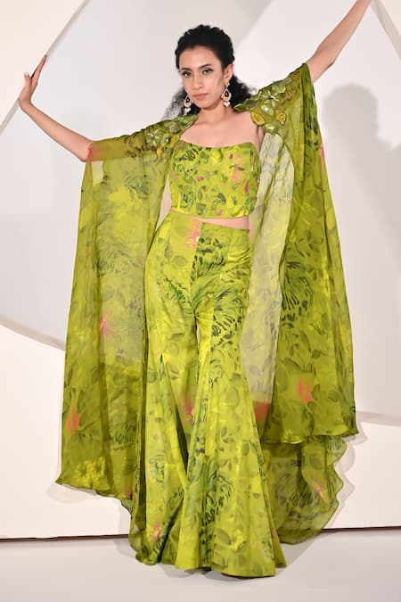 BAANI KHURANA Green Chiffon Organza Embellished Sequin Cape Open Floral Pattern Sharara Set 