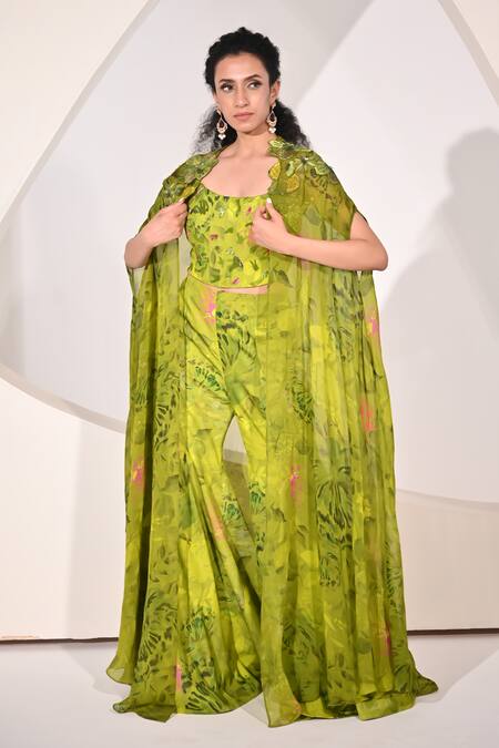 BAANI KHURANA_Green Chiffon, Organza Applique, Beads, Sequins Floral Pattern Cape Sharara Set _Online_at_Aza_Fashions