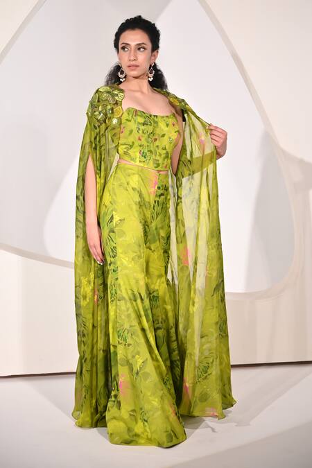 Buy_BAANI KHURANA_Green Chiffon, Organza Applique, Beads, Sequins Floral Pattern Cape Sharara Set _Online_at_Aza_Fashions