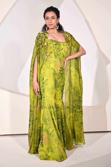 Shop_BAANI KHURANA_Green Chiffon, Organza Applique, Beads, Sequins Floral Pattern Cape Sharara Set _Online_at_Aza_Fashions