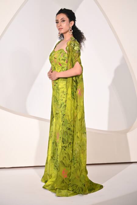 BAANI KHURANA_Green Chiffon, Organza Applique, Beads, Sequins Floral Pattern Cape Sharara Set _at_Aza_Fashions