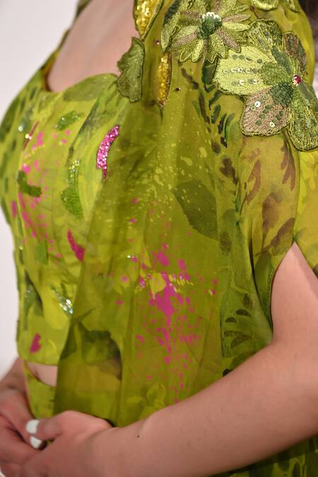 Shop_BAANI KHURANA_Green Chiffon, Organza Applique, Beads, Sequins Floral Pattern Cape Sharara Set 