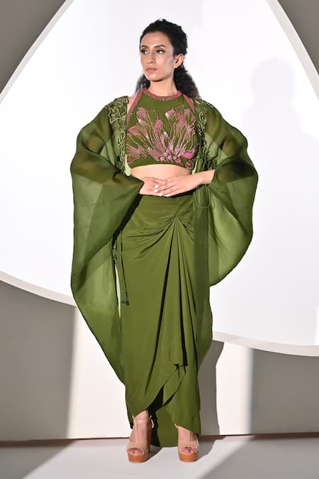 BAANI KHURANA Green Crepe Organza Embellished Sequin Cape Open Bead Slit Skirt Set 