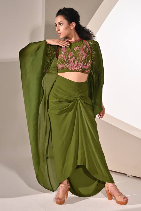BAANI KHURANA_Green Crepe, Organza Sequins, Beads, Applique Embellished Cape Slit Skirt Set _Online_at_Aza_Fashions