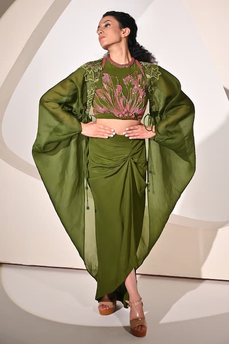 Shop_BAANI KHURANA_Green Crepe, Organza Sequins, Beads, Applique Embellished Cape Slit Skirt Set _Online_at_Aza_Fashions