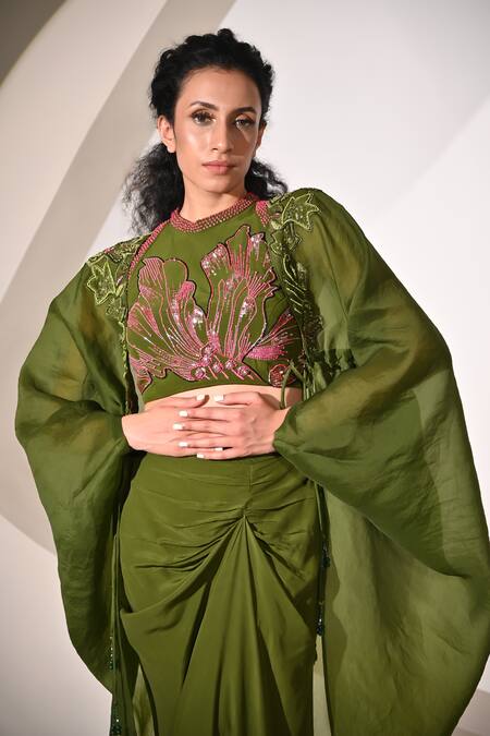 BAANI KHURANA_Green Crepe, Organza Sequins, Beads, Applique Embellished Cape Slit Skirt Set _at_Aza_Fashions