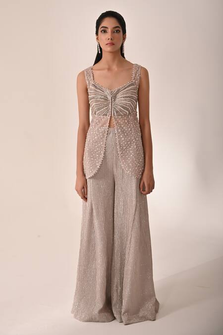 BAANI KHURANA_Peach Net, Lycra Embroidery, Sequins, Beads Embellished Slit Kurta With Sharara _Online_at_Aza_Fashions