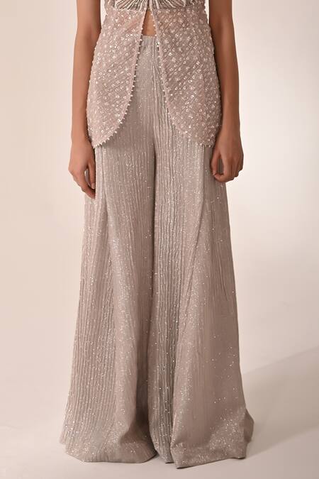 Buy_BAANI KHURANA_Peach Net, Lycra Embroidery, Sequins, Beads Embellished Slit Kurta With Sharara _Online_at_Aza_Fashions