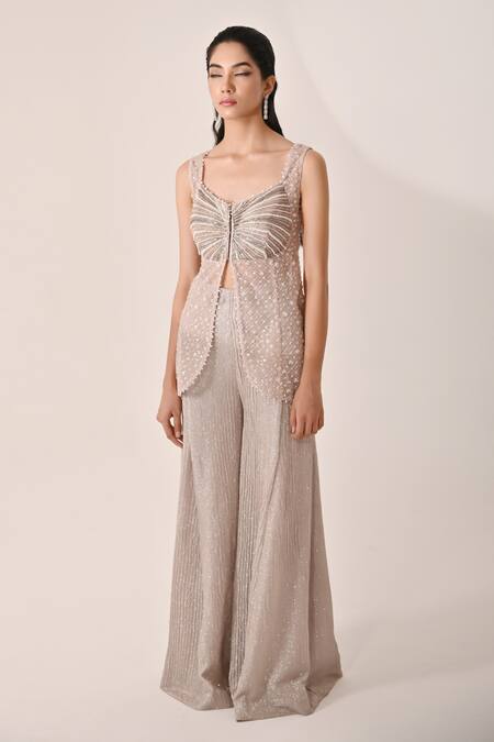 Shop_BAANI KHURANA_Peach Net, Lycra Embroidery, Sequins, Beads Embellished Slit Kurta With Sharara _Online_at_Aza_Fashions