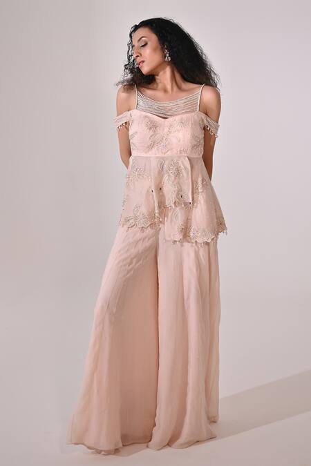 Buy_BAANI KHURANA_Peach Organza, Chiffon Embellished Cold Shoulder Peplum Kurta With Sharara _Online_at_Aza_Fashions