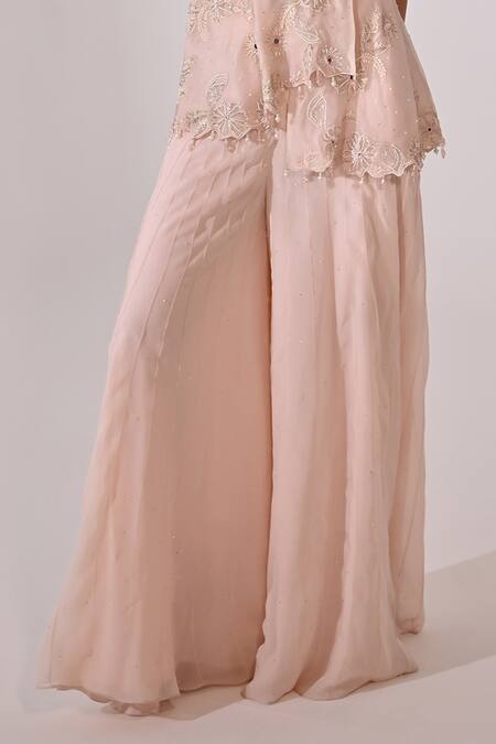 Shop_BAANI KHURANA_Peach Organza, Chiffon Embellished Cold Shoulder Peplum Kurta With Sharara _Online_at_Aza_Fashions