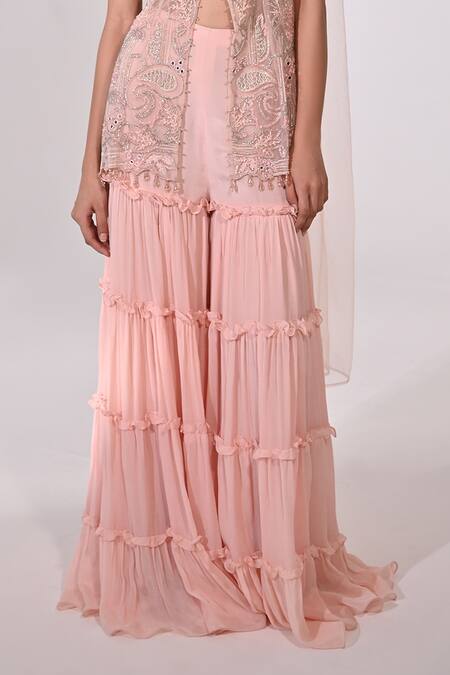 BAANI KHURANA Peach Net, Chiffon Mirrors, Sequins, Floral Embellished Slit Kurta Sharara Set Online at Aza Fashions BAANI KHURANA_Peach Net, Chiffon Mirrors, Sequins, Floral Embellished Slit Kurta Sharara Set _Online_at_Aza_Fashions