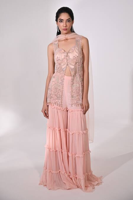 Buy_BAANI KHURANA_Peach Net, Chiffon Mirrors, Sequins, Floral Embellished Slit Kurta Sharara Set _Online_at_Aza_Fashions