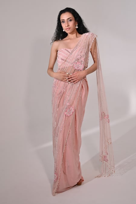 BAANI KHURANA_Pink Net, Georgette Floral Embellished Pre-draped Concept Saree With Blouse _Online_at_Aza_Fashions