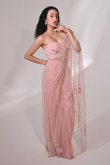 Buy_BAANI KHURANA_Pink Net, Georgette Floral Embellished Pre-draped Concept Saree With Blouse _Online_at_Aza_Fashions