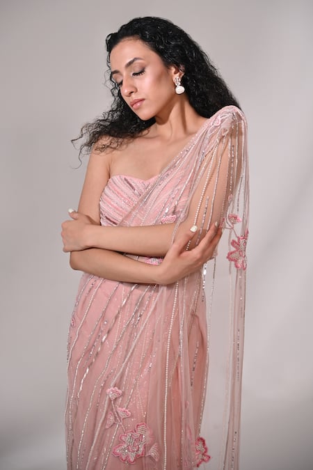 Shop_BAANI KHURANA_Pink Net, Georgette Floral Embellished Pre-draped Concept Saree With Blouse _Online_at_Aza_Fashions