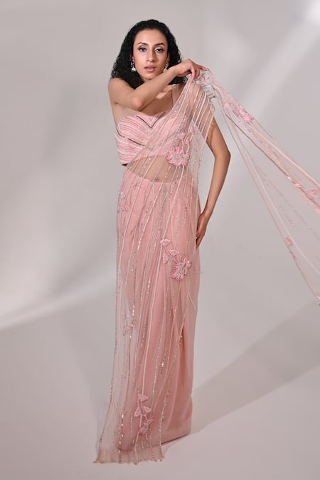 BAANI KHURANA_Pink Net, Georgette Floral Embellished Pre-draped Concept Saree With Blouse _at_Aza_Fashions