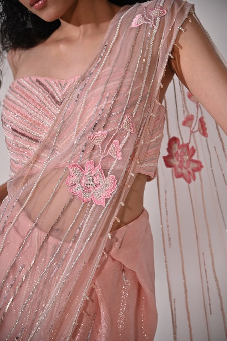 Buy_BAANI KHURANA_Pink Net, Georgette Floral Embellished Pre-draped Concept Saree With Blouse 