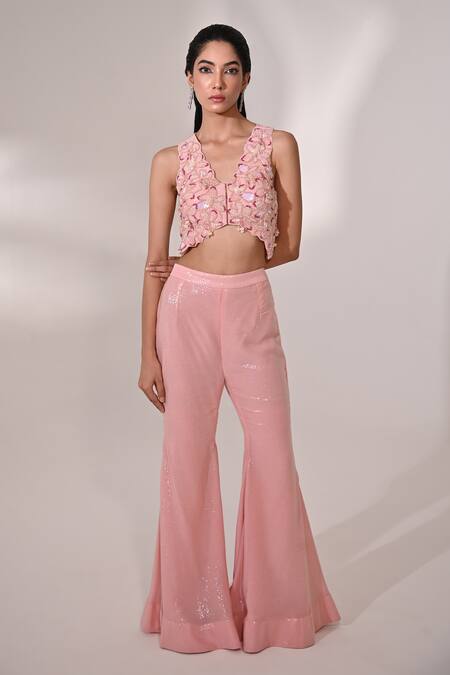 Buy_BAANI KHURANA_Pink Georgette Sequins, Beads, Floral Embellished Waistcoat With Sharara _Online_at_Aza_Fashions