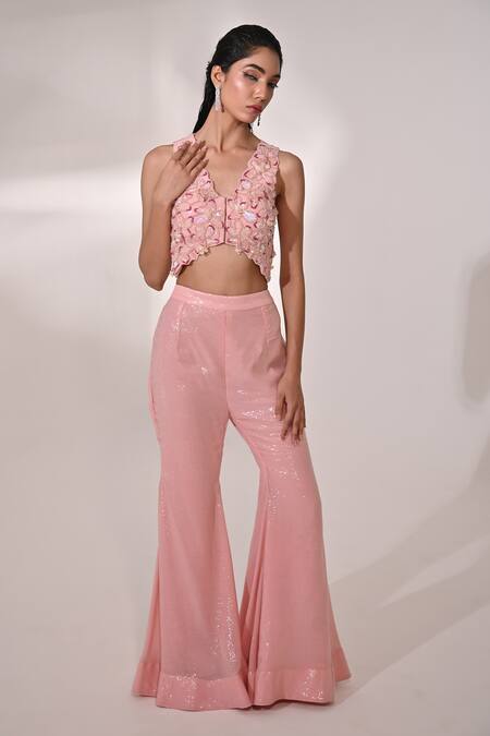 Shop_BAANI KHURANA_Pink Georgette Sequins, Beads, Floral Embellished Waistcoat With Sharara _Online_at_Aza_Fashions
