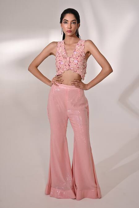 BAANI KHURANA_Pink Georgette Sequins, Beads, Floral Embellished Waistcoat With Sharara _at_Aza_Fashions