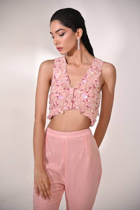 Buy_BAANI KHURANA_Pink Georgette Sequins, Beads, Floral Embellished Waistcoat With Sharara 