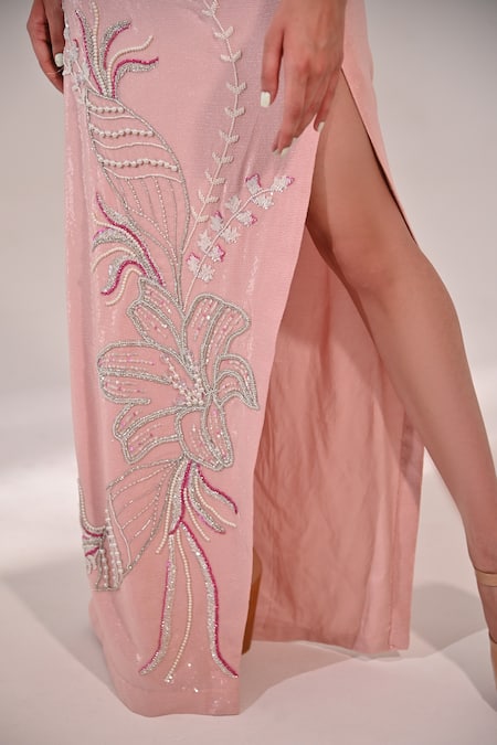 Buy_BAANI KHURANA_Pink Georgette Sequins, Beads, Applique Square Floral Bustier With Slit Skirt 