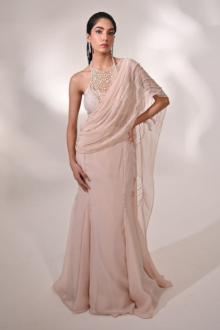 BAANI KHURANA Pink Chiffon Embellished Sequin Halter Neck Mermaid Pre-draped Saree With Blouse 